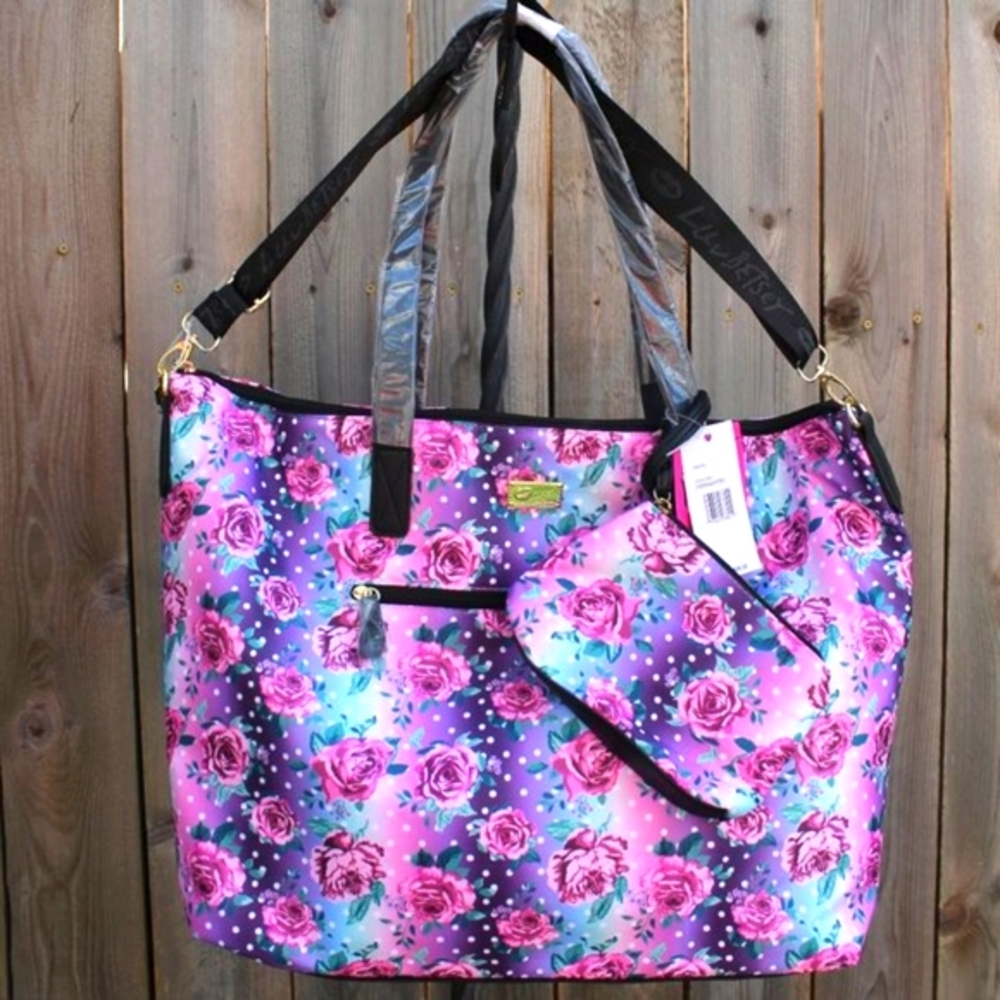 Betsey Johnson Floral Print Polka Dot Overnighter Wristlet Set LBJAYCEE NWT